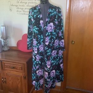 LULAROE | Sarah Longline Spring Festival Duster Black Purple Green Floral | M